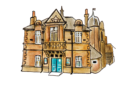 A watercolour illustration of Pitlochry Town Hall